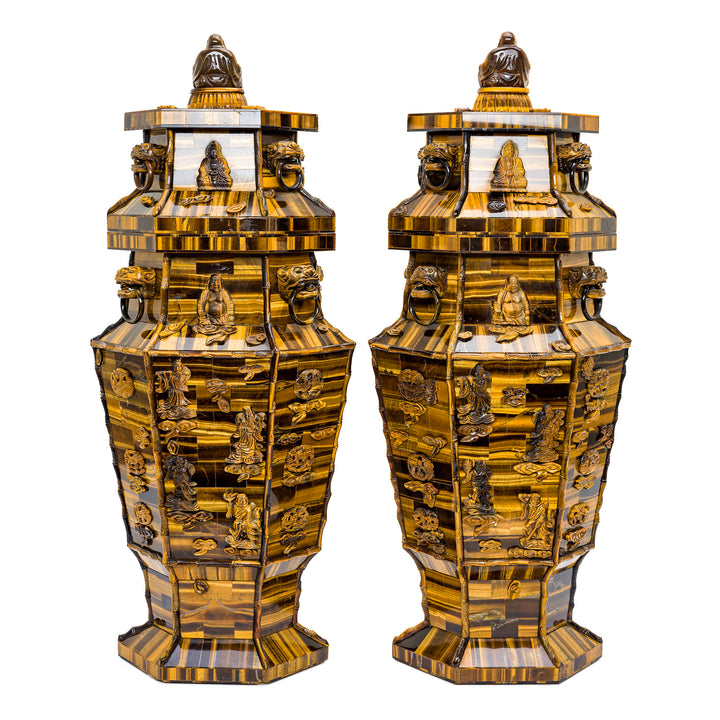 Detailed artistry on Tiger Eye vases