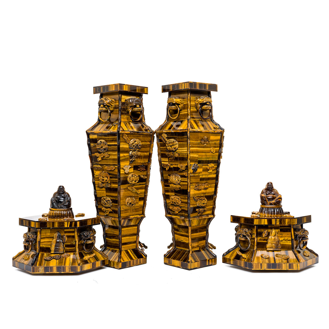 Hand-carved Tiger Eye vases with figures
