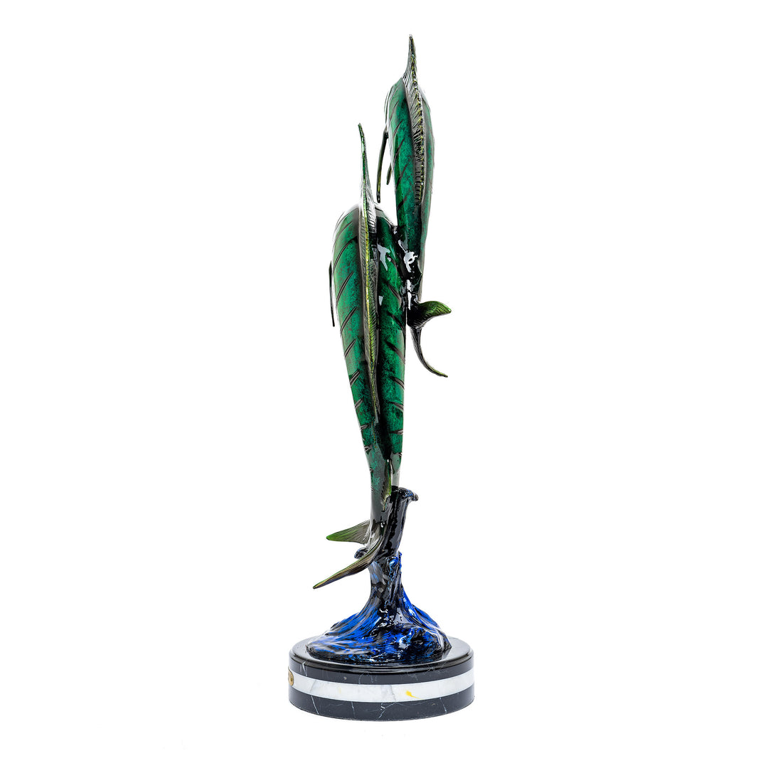 Dynamic bronze marlin sculpture on marble base