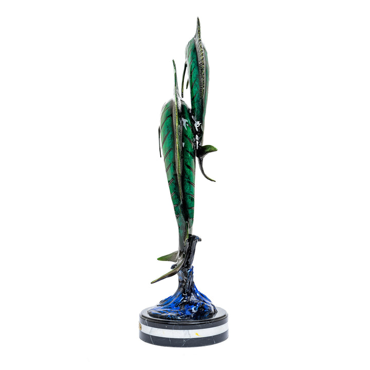 Dynamic bronze marlin sculpture on marble base