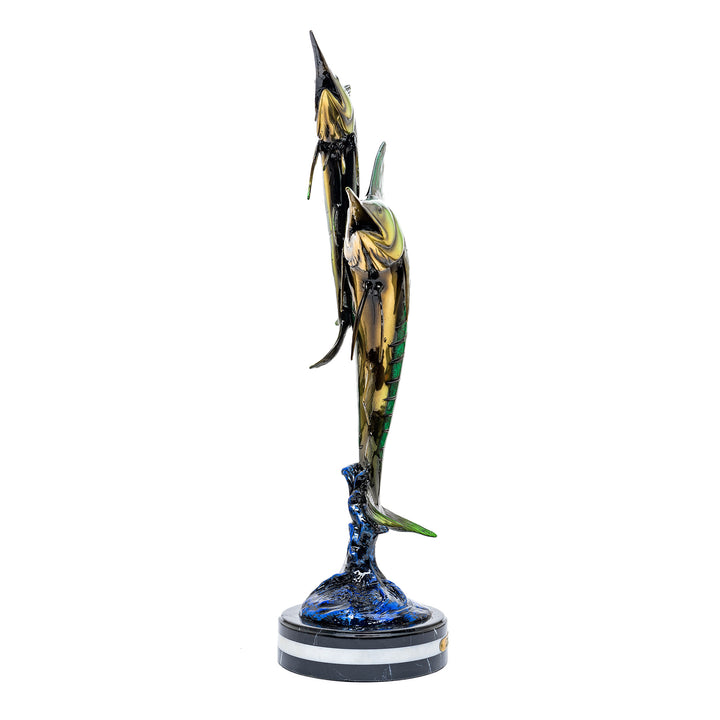 Bronze marlins with green and blue patina finish