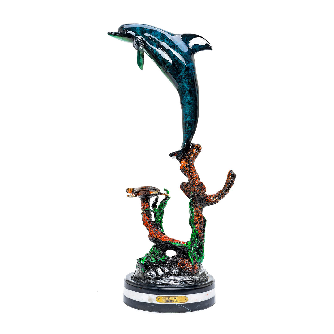 Friends bronze dolphin and turtle sculpture with custom patina
