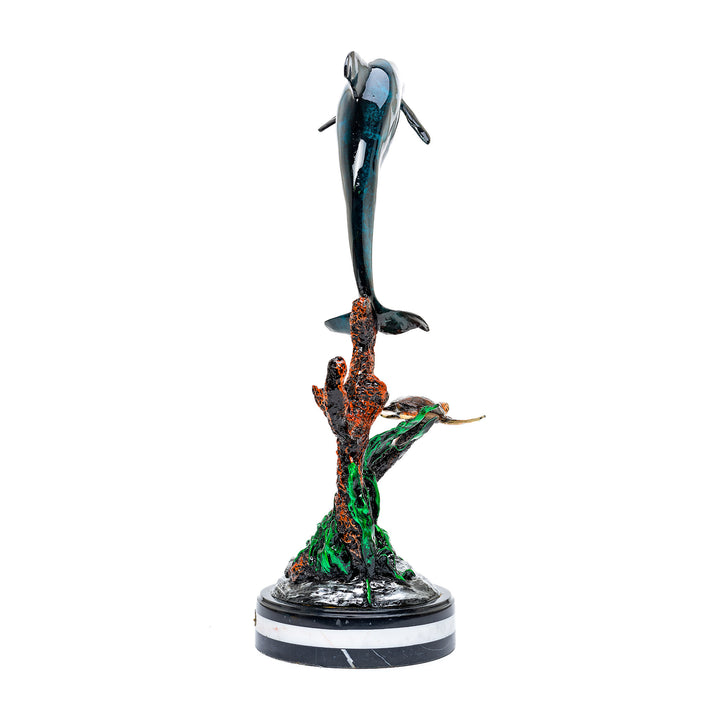 Dynamic bronze marine life sculpture on marble base