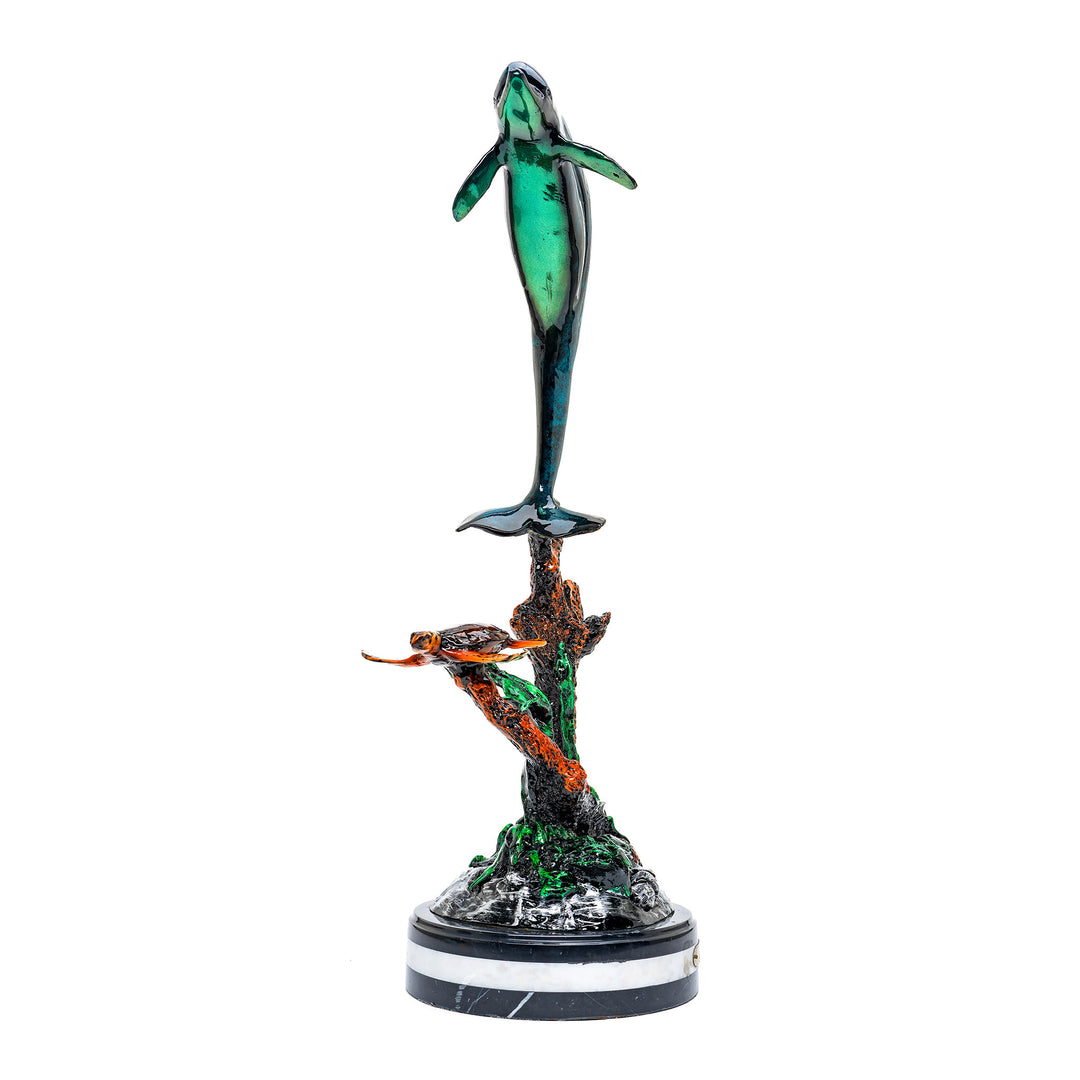 Bronze dolphin with vibrant turtle and coral reef base