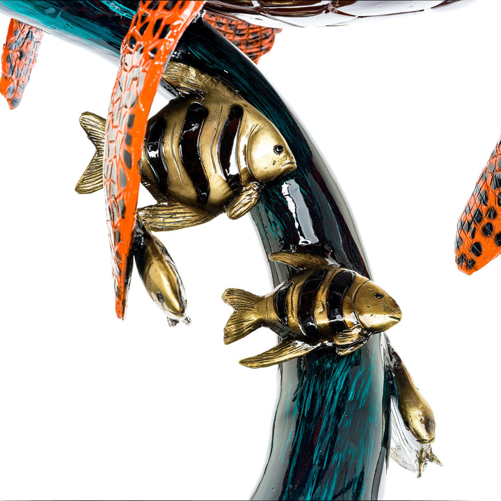 Sculpted bronze turtles and angelfish