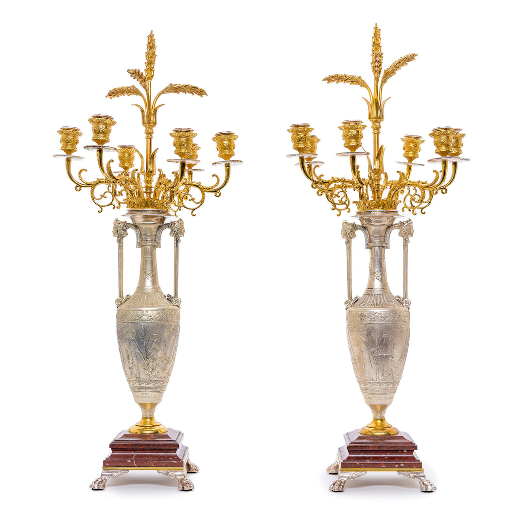 Majestic 1854 French gilt bronze candelabras with dark brown marble base by Henry Chaieux