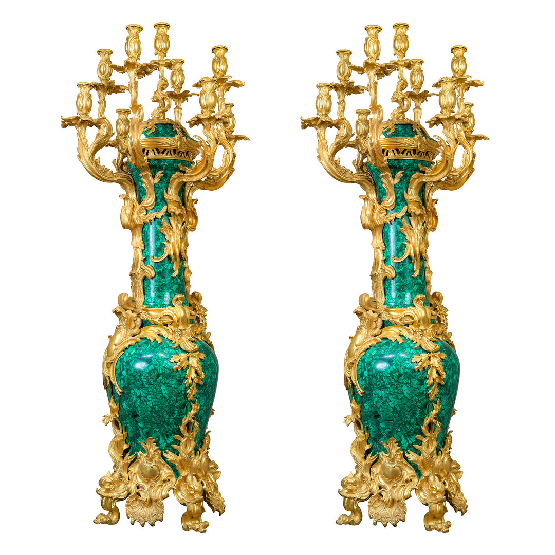 Palatial Regency style malachite candelabras with doré bronze accents.