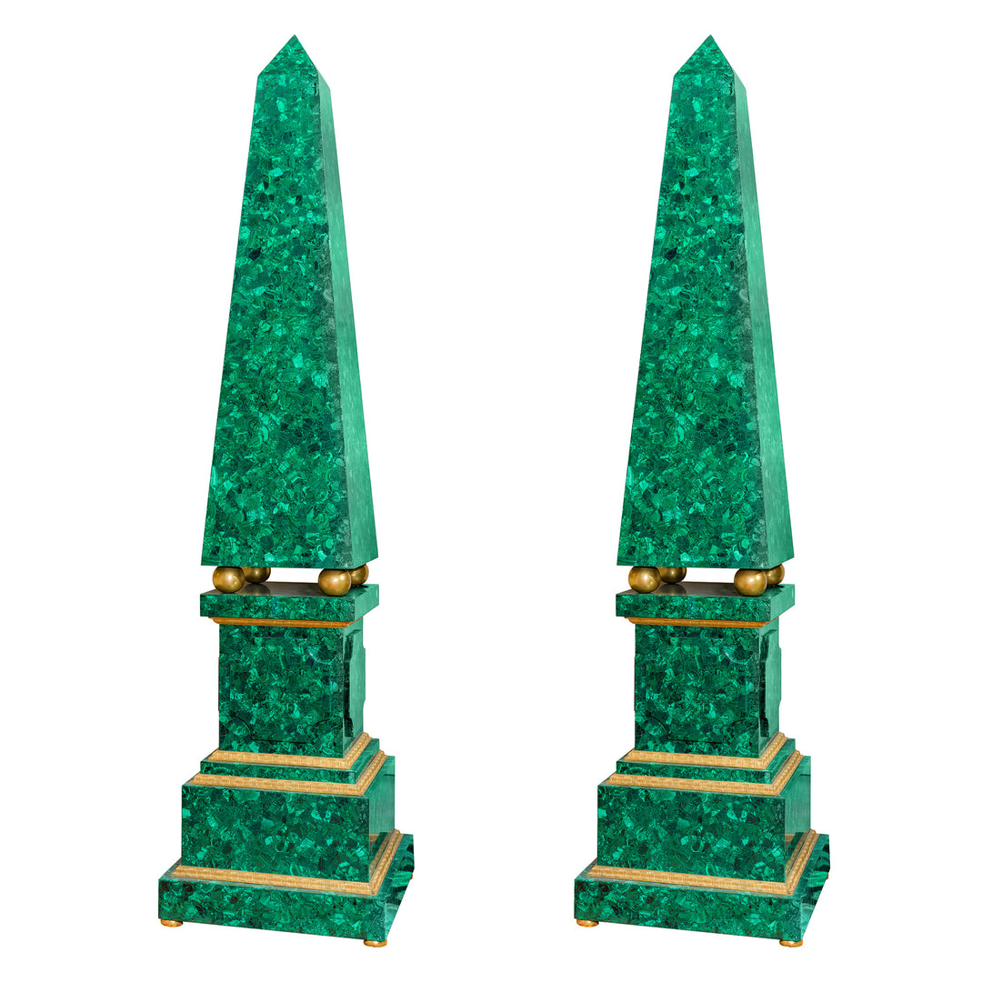 Spectacular pair of gem-quality malachite obelisks with doré bronze supports.