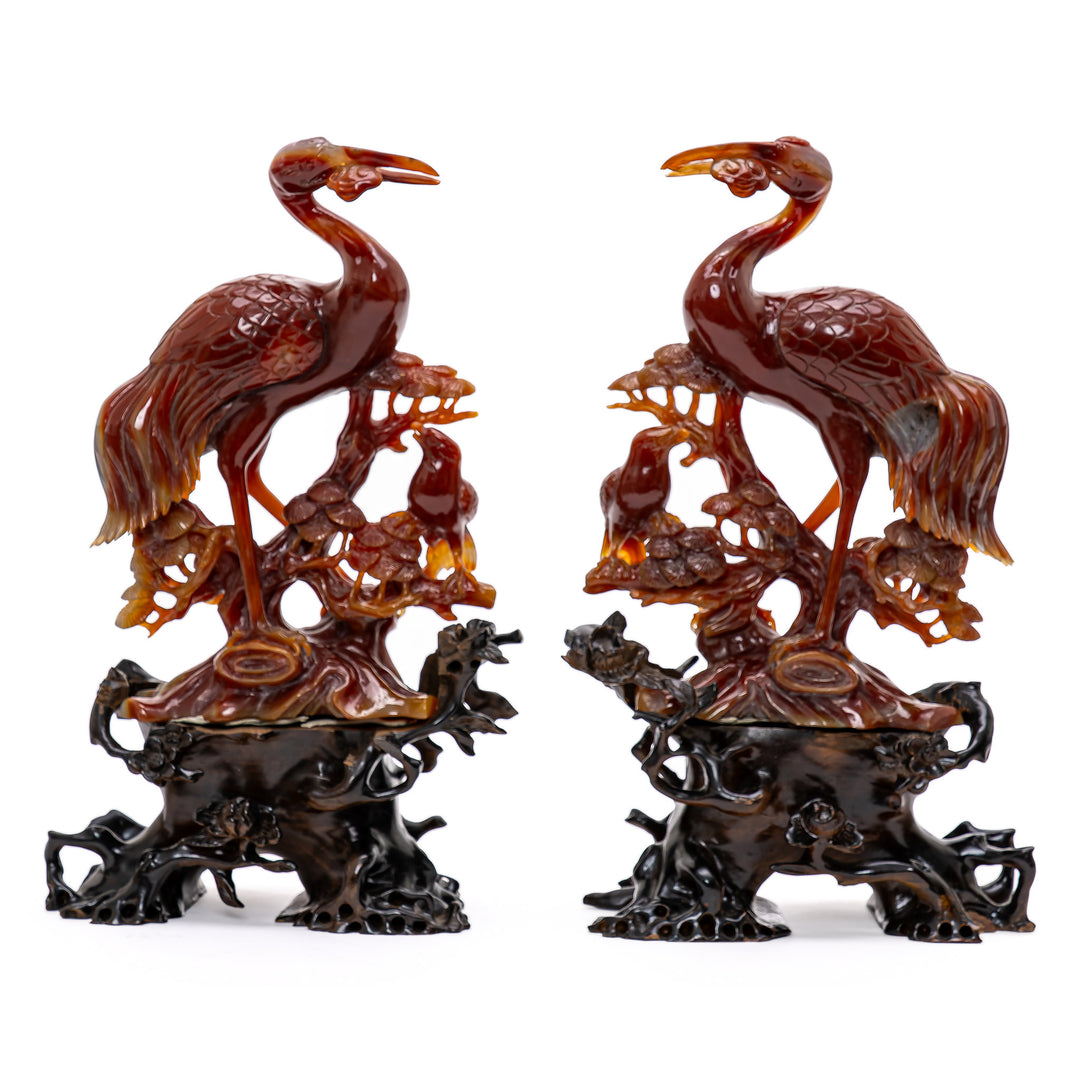Exquisite Carnelian Pair of Agate Cranes