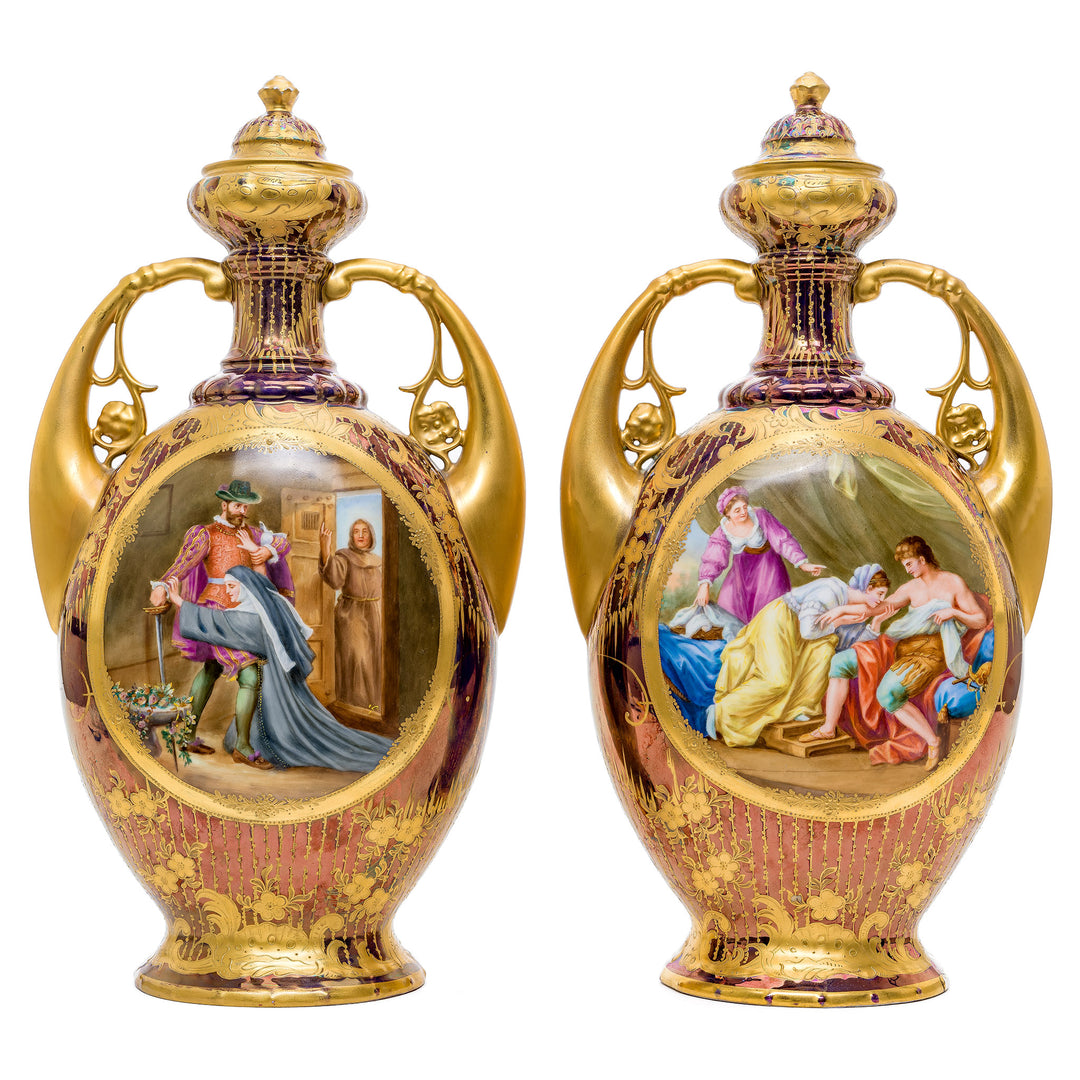 Opulent 19th-century Royal Vienna porcelain vases with raised gold and Mercury finish