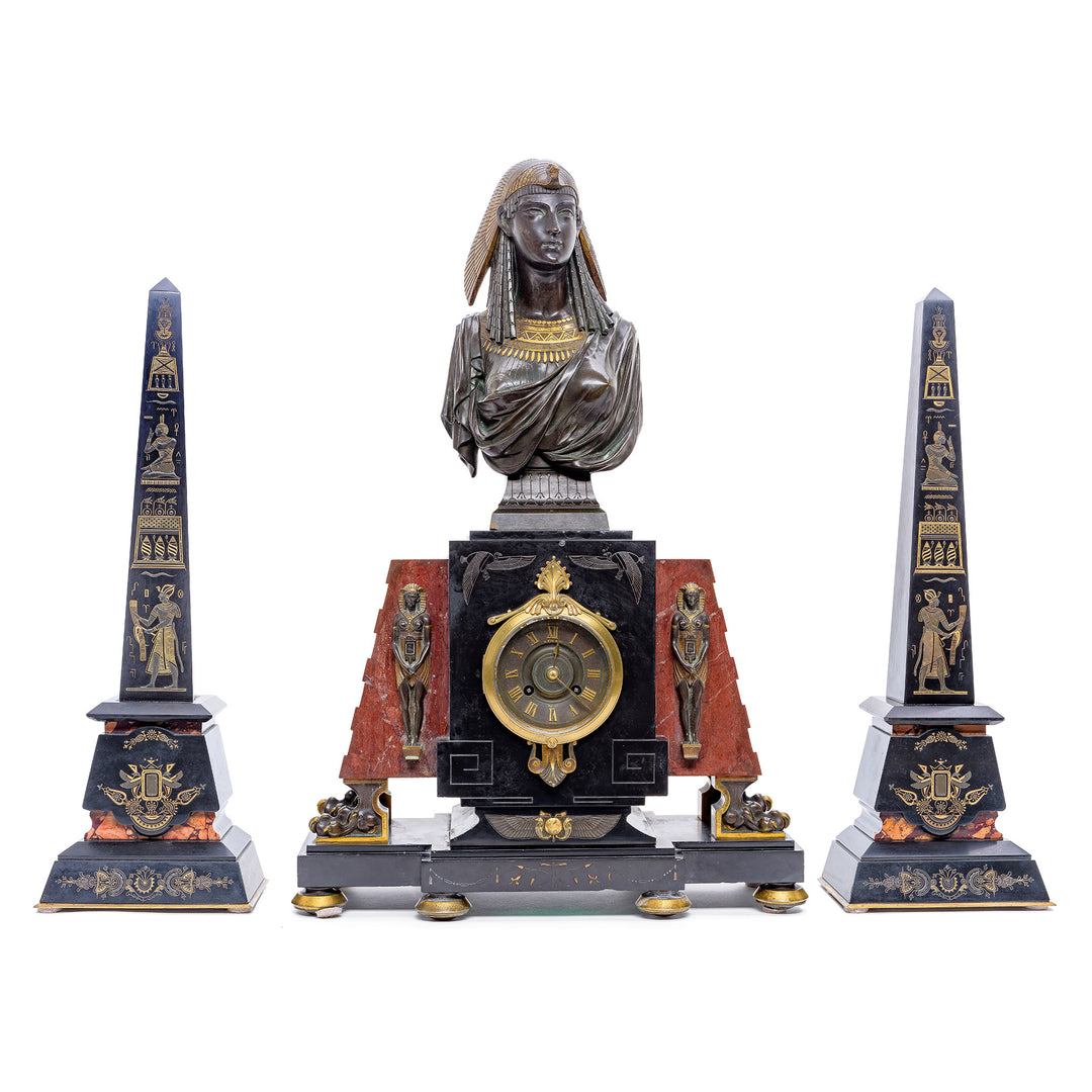Luxurious French Egyptomania clock set with gilt bronze and rouge griotte marble
