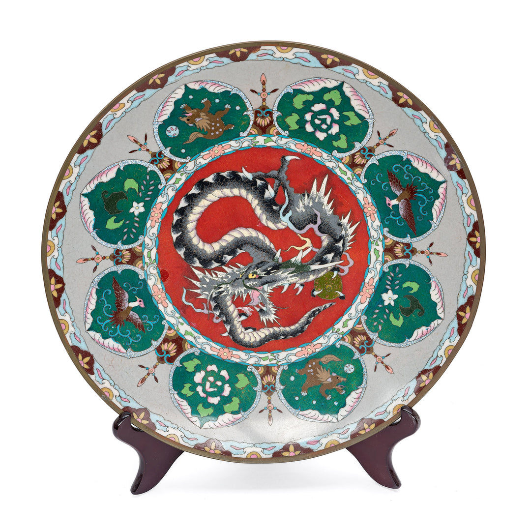 Cloisonné enamel charger plate with Japanese dragon design, circa 1915