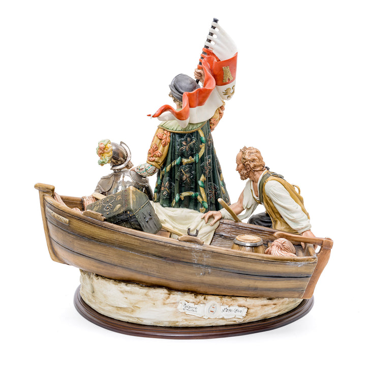 Italian porcelain art capturing the moment of a historical sea venture.