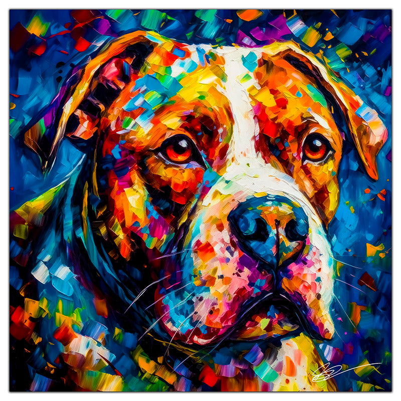 Colorful American Bulldog portrait in modern art style, perfect for home decor.