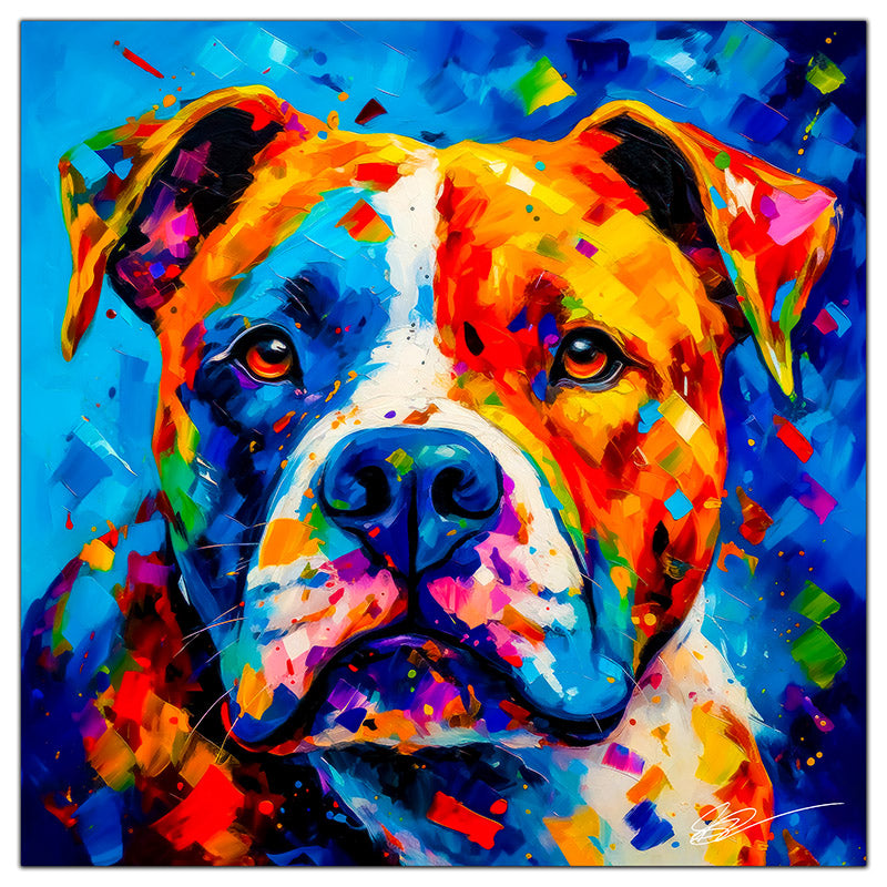 Colorful American Bulldog portrait in modern art style, perfect for home decor.