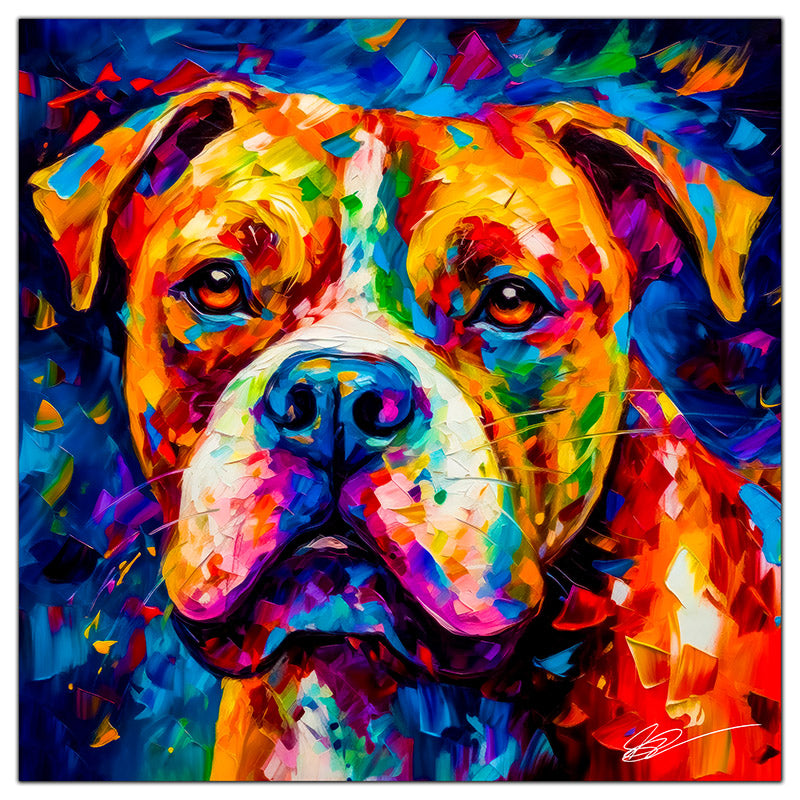 Colorful American Bulldog portrait in modern art style, perfect for home decor.