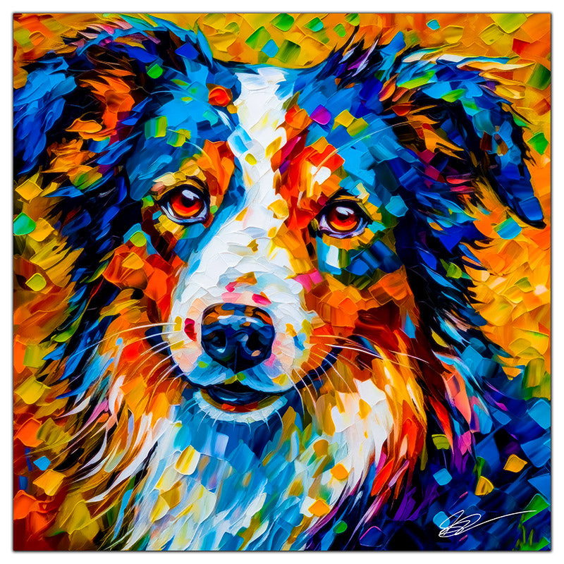 Colorful Australian Shepherd portrait in modern art style, perfect for home decor.
