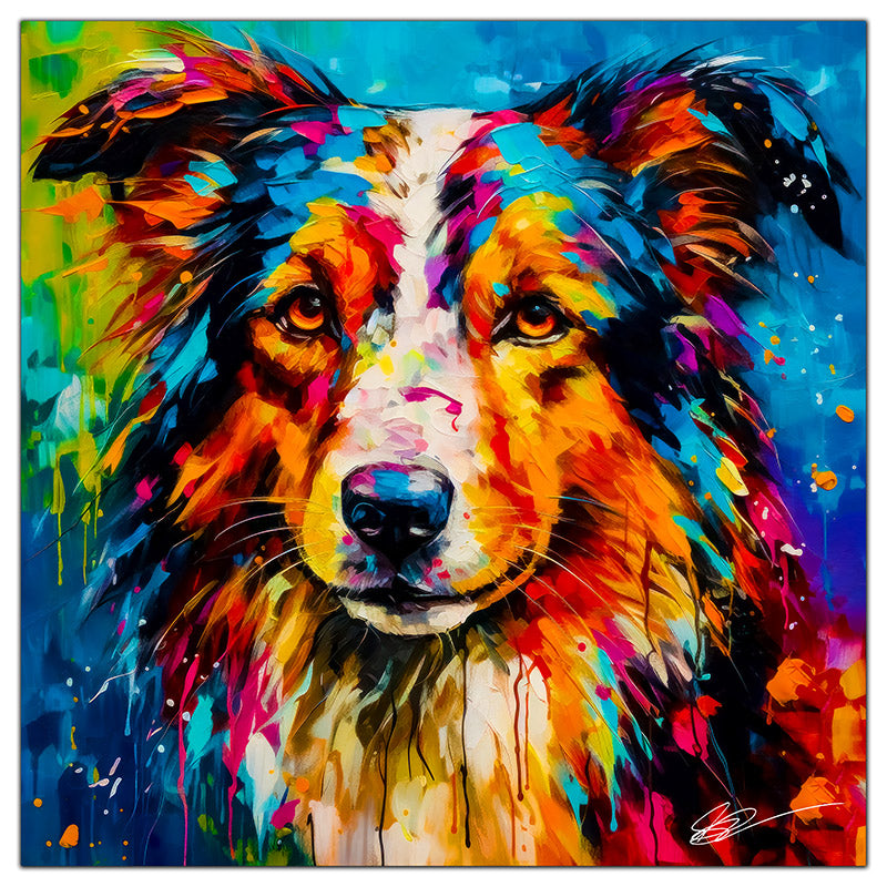 Colorful Australian Shepherd portrait in modern art style, perfect for home decor.