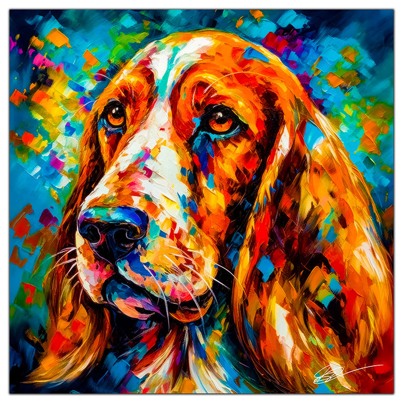 Colorful Basset Hound portrait in modern art style, perfect for home decor.