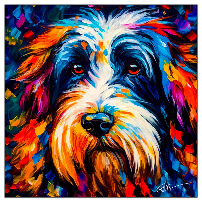 Colorful Bearded Collie portrait in modern art style, perfect for home decor.