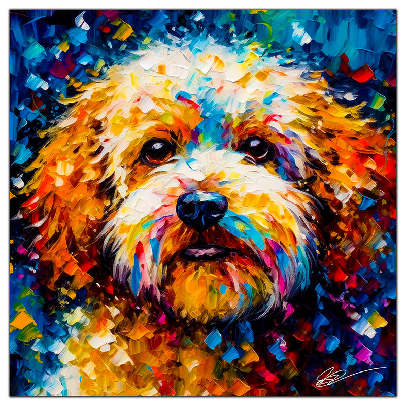 Colorful Bichon Frise portrait in modern art style, perfect for home decor.