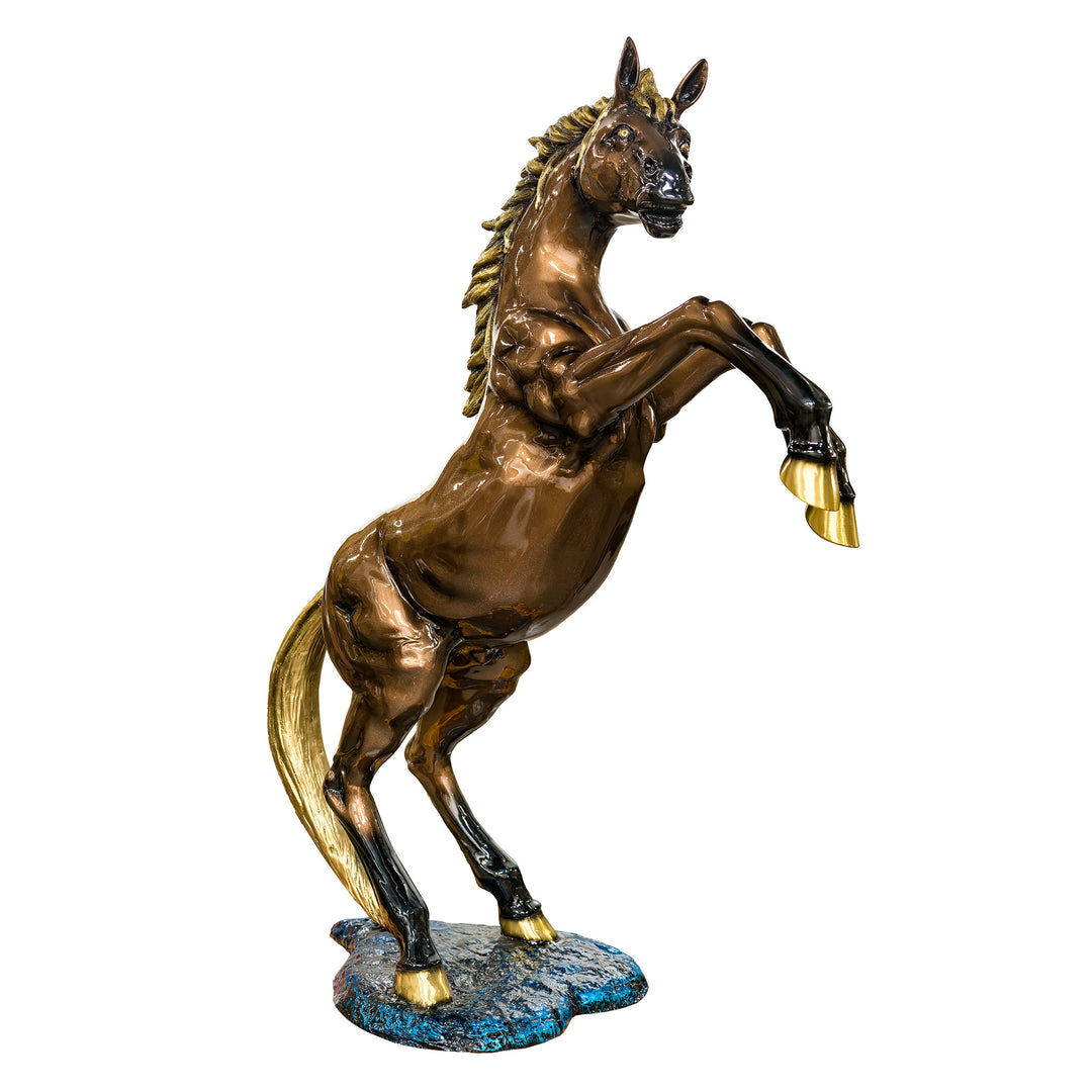 Bronze rearing stallion sculpture with luxury patina