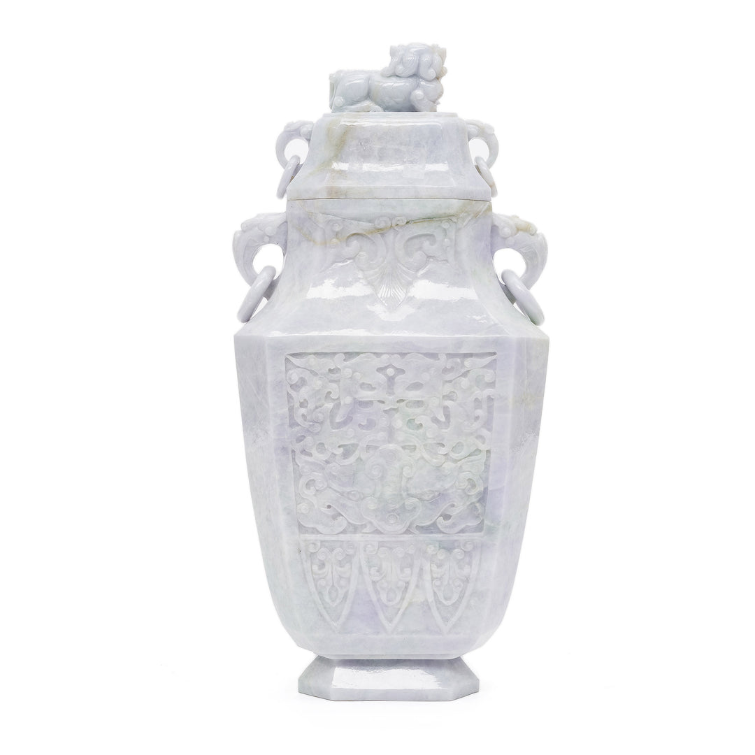 Elegant Chinese lavender jade vase with detailed carvings