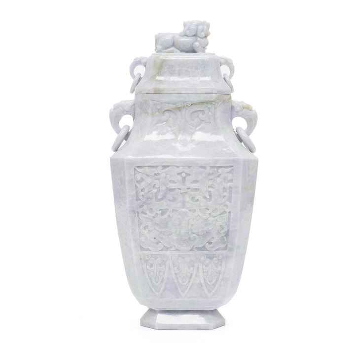 Elegant Chinese lavender jade vase with detailed carvings