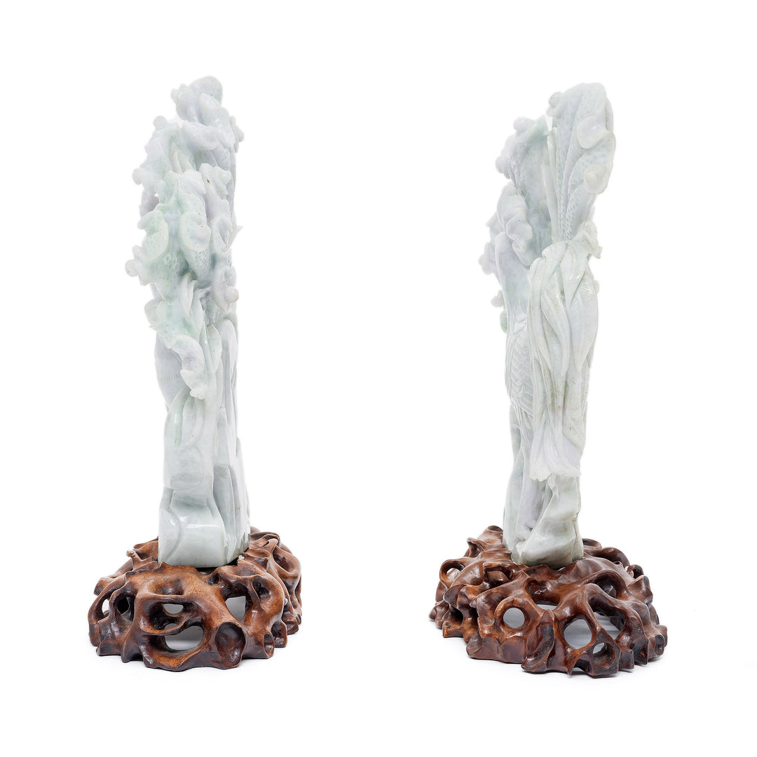 Finely detailed jade rooster pair with soft green hues