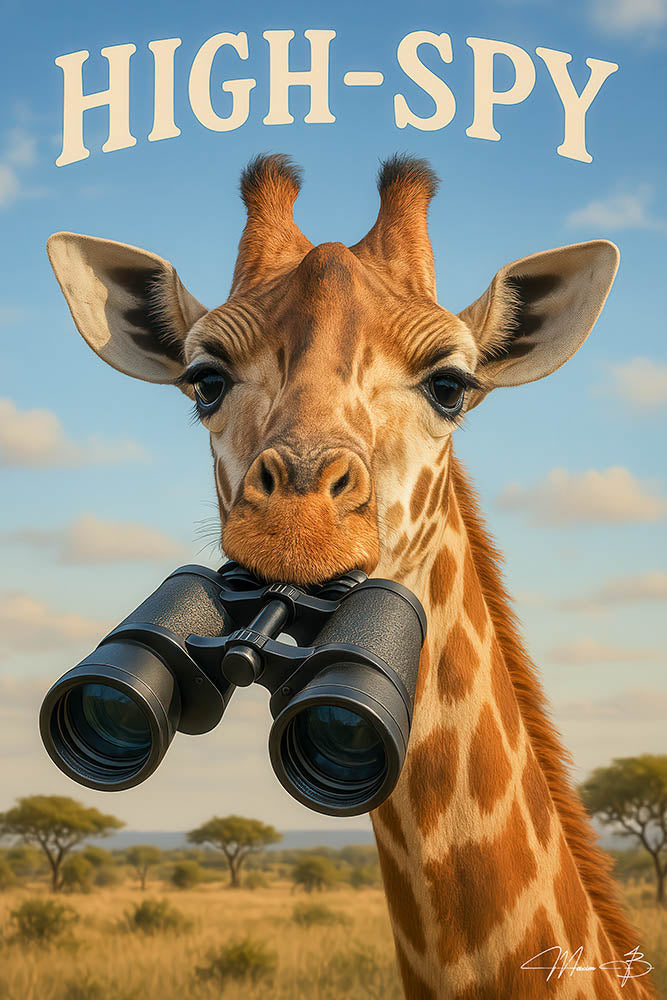Adventurous giraffe holding binoculars in savanna metal print wall art