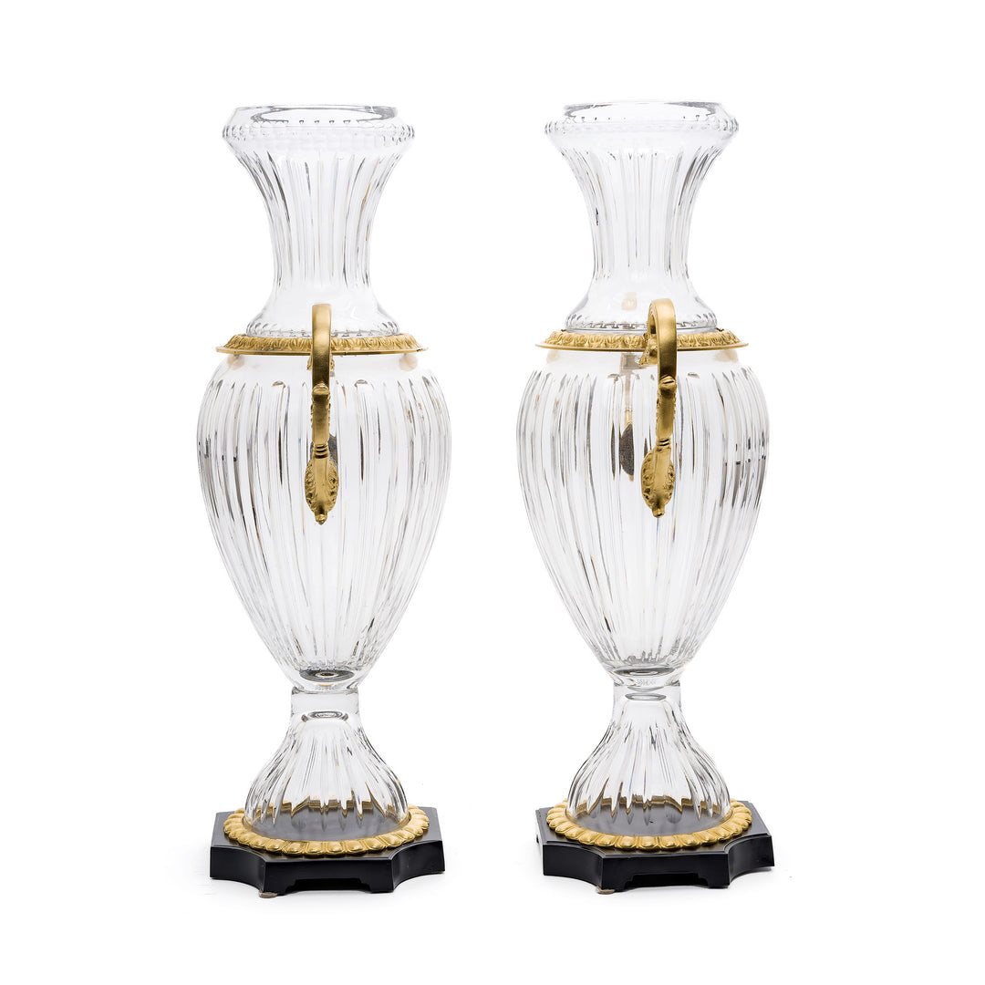 Luxurious pair of handcrafted crystal and bronze vases