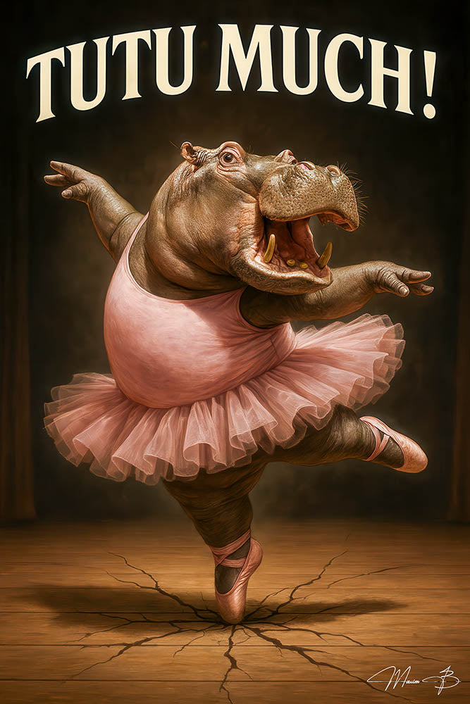 Funny metal wall art of a ballet-dancing hippopotamus in a tutu striking a pose