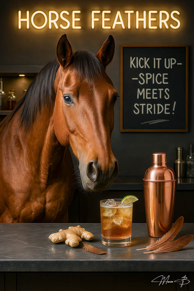 Horse Feathers humorous horse cocktail bar scene metal print