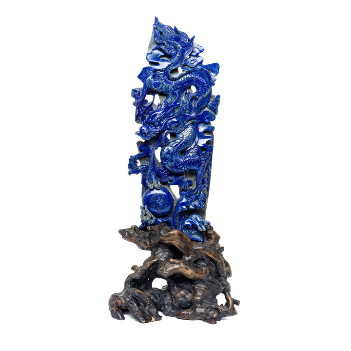 Majestic sodalite dragon sculpture with intricate carving.