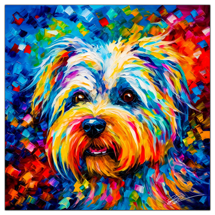 Colorful Maltese portrait in modern art style, perfect for home decor.