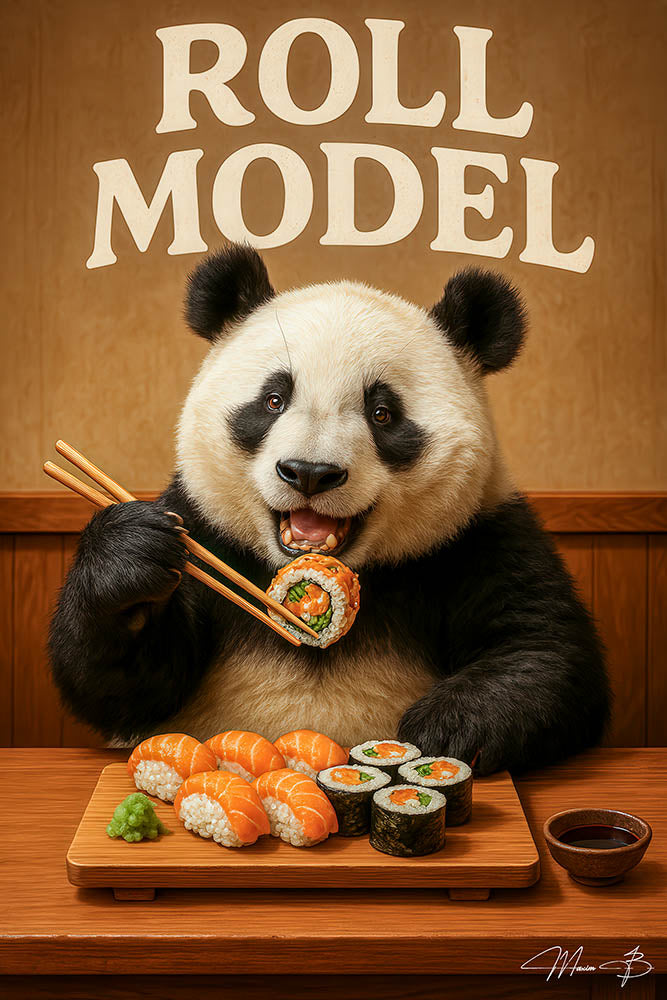 Panda eating sushi with chopsticks artwork titled Roll Model II