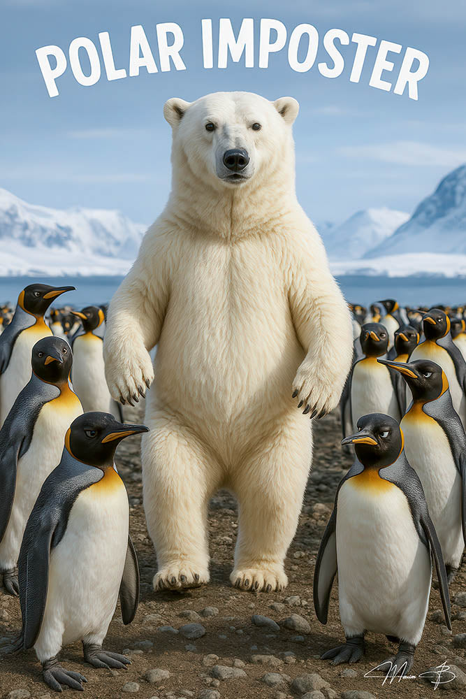 Polar bear standing among penguins humorous metal wall art