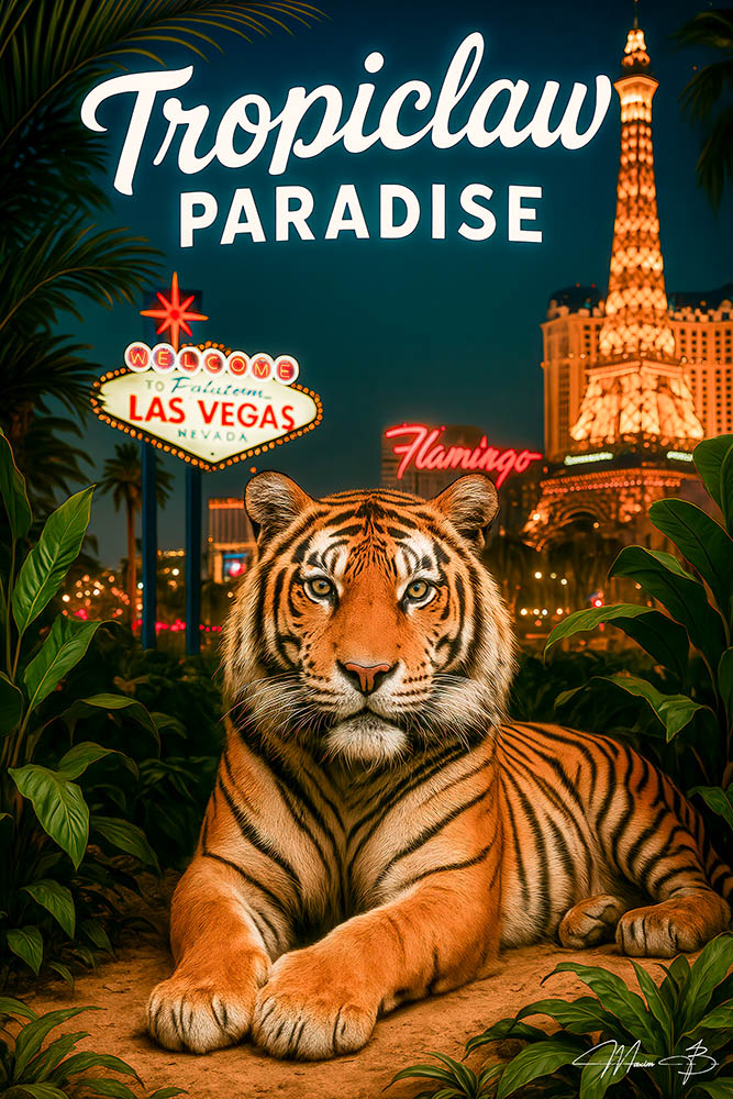 Tropiclaw Paradise Night tiger Las Vegas nightlife metal print