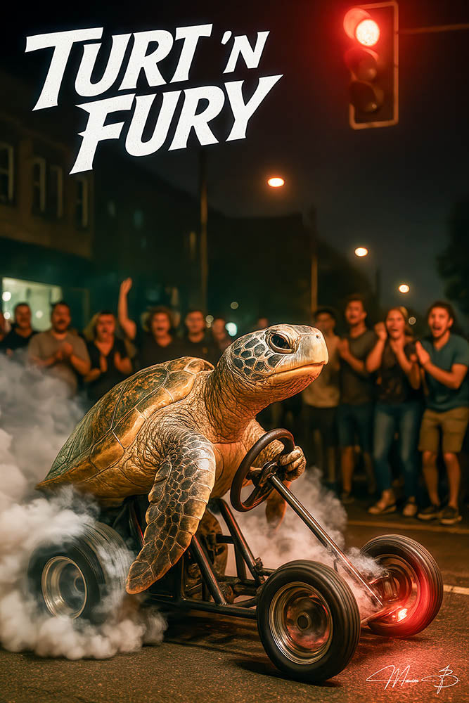 Street racing turtle driving car metal wall art