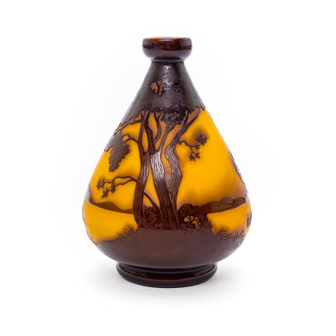 Andre Delatte cameo glass vase with forest scene
