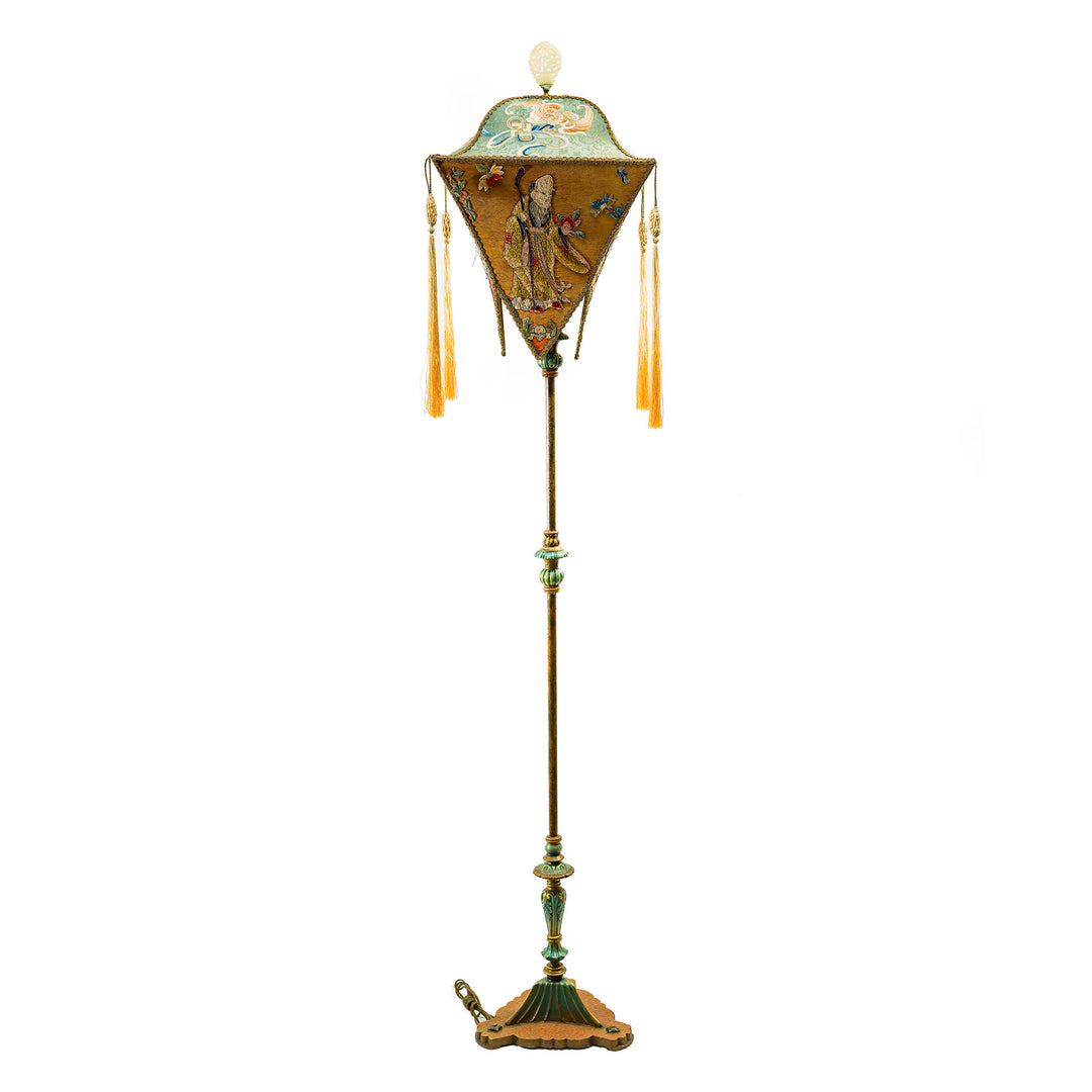 Antique hand-embroidered floor lamp with Oriental-inspired motifs