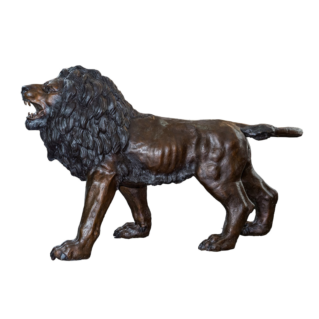 Bronze lion sculpture mid-stride with detailed mane