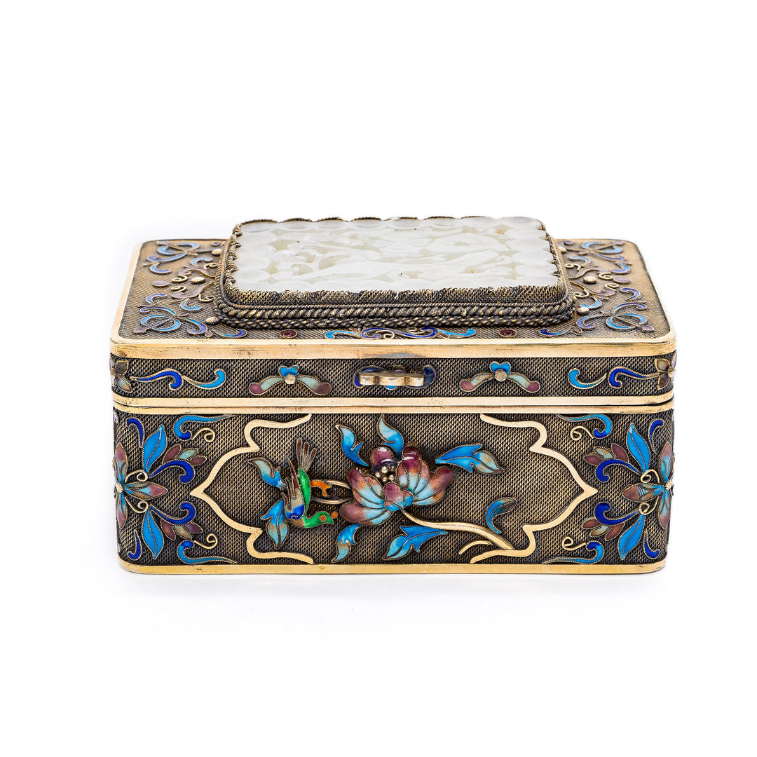 Chinese silver box with enamel and jade inlay