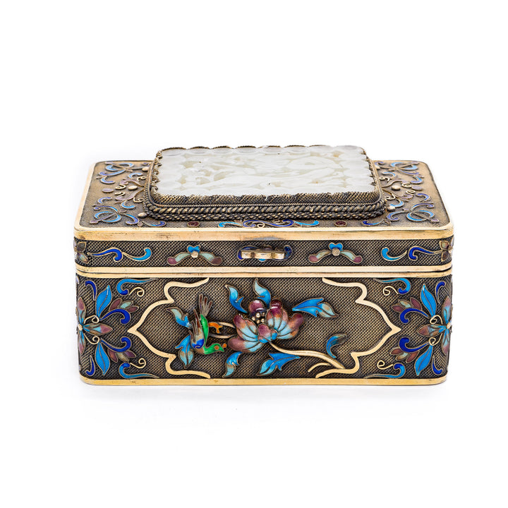 Chinese silver box with enamel and jade inlay