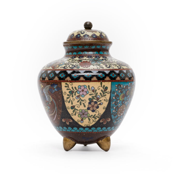 Front view of Cloisonné footed vase with lid