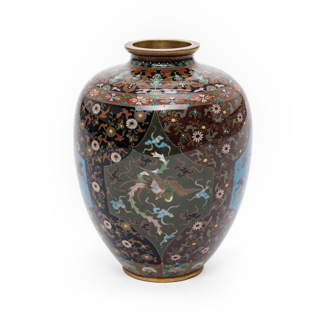 Side view of Cloisonné vase with intricate floral detailing