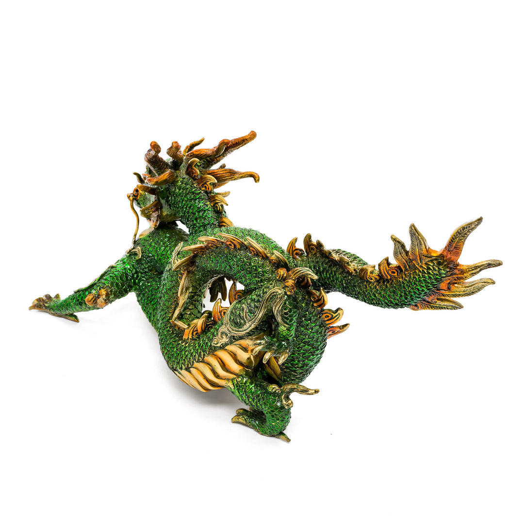 Coiled bronze dragon with emerald patina finish
