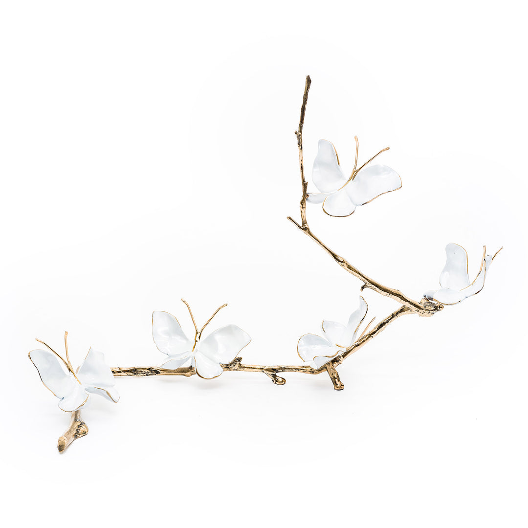 Daybreak Pearl sculpture with white butterflies on gold branch