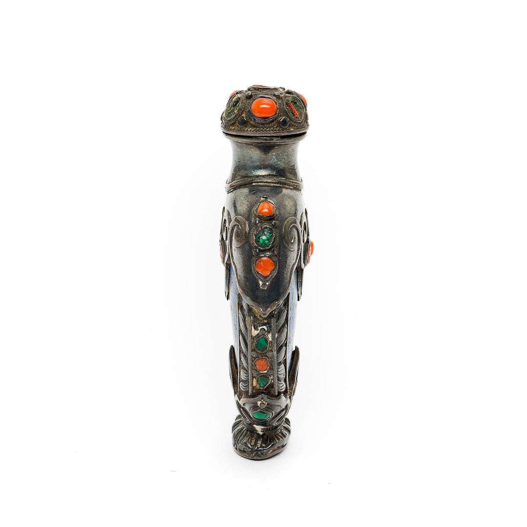Deep blue lapis lazuli snuff bottle with intricate metalwork
