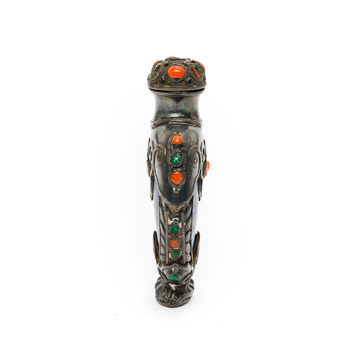 Deep blue lapis lazuli snuff bottle with intricate metalwork